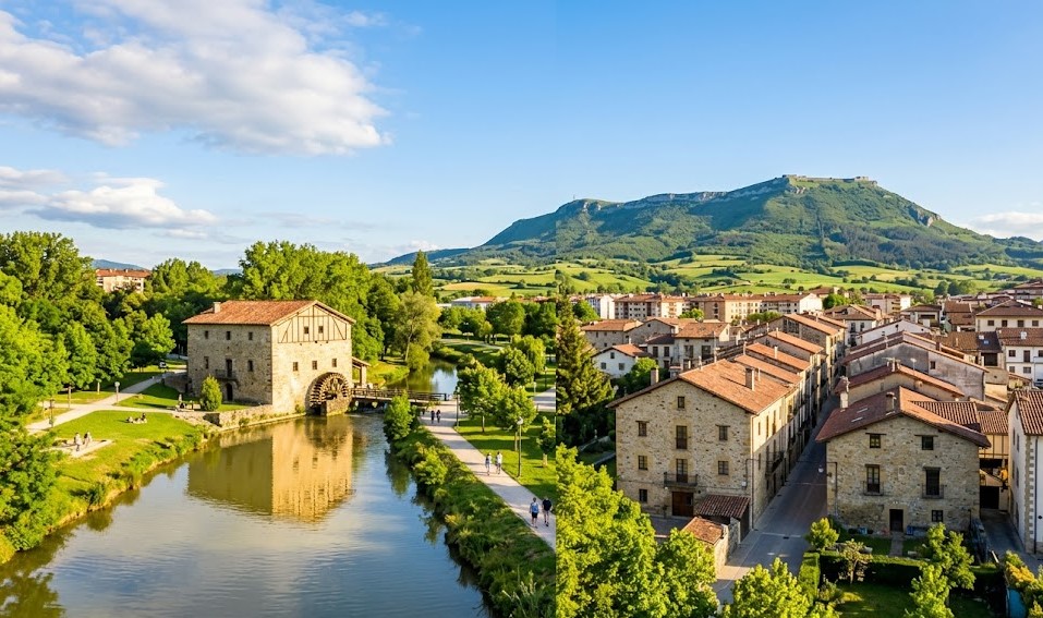 Vistas de las calles de Villava (Atarrabia), el río Ulzama y su entorno en la Comarca de Pamplona